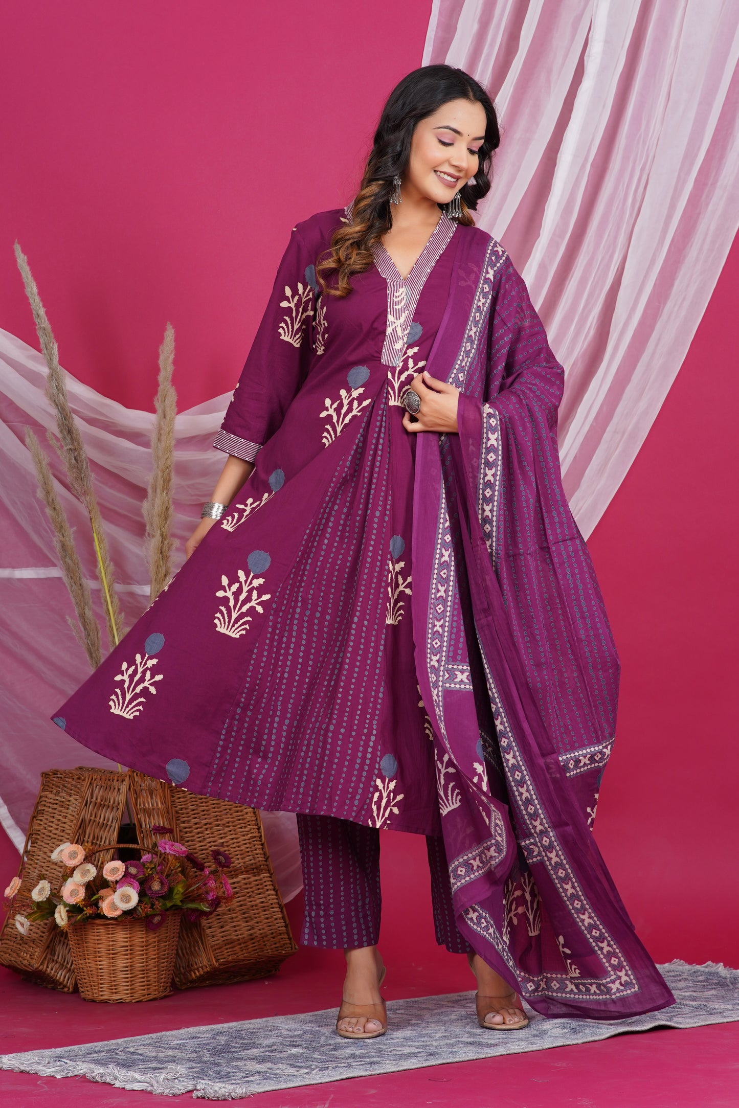Maroon Floral Printed Kurta with Striped Neck Design