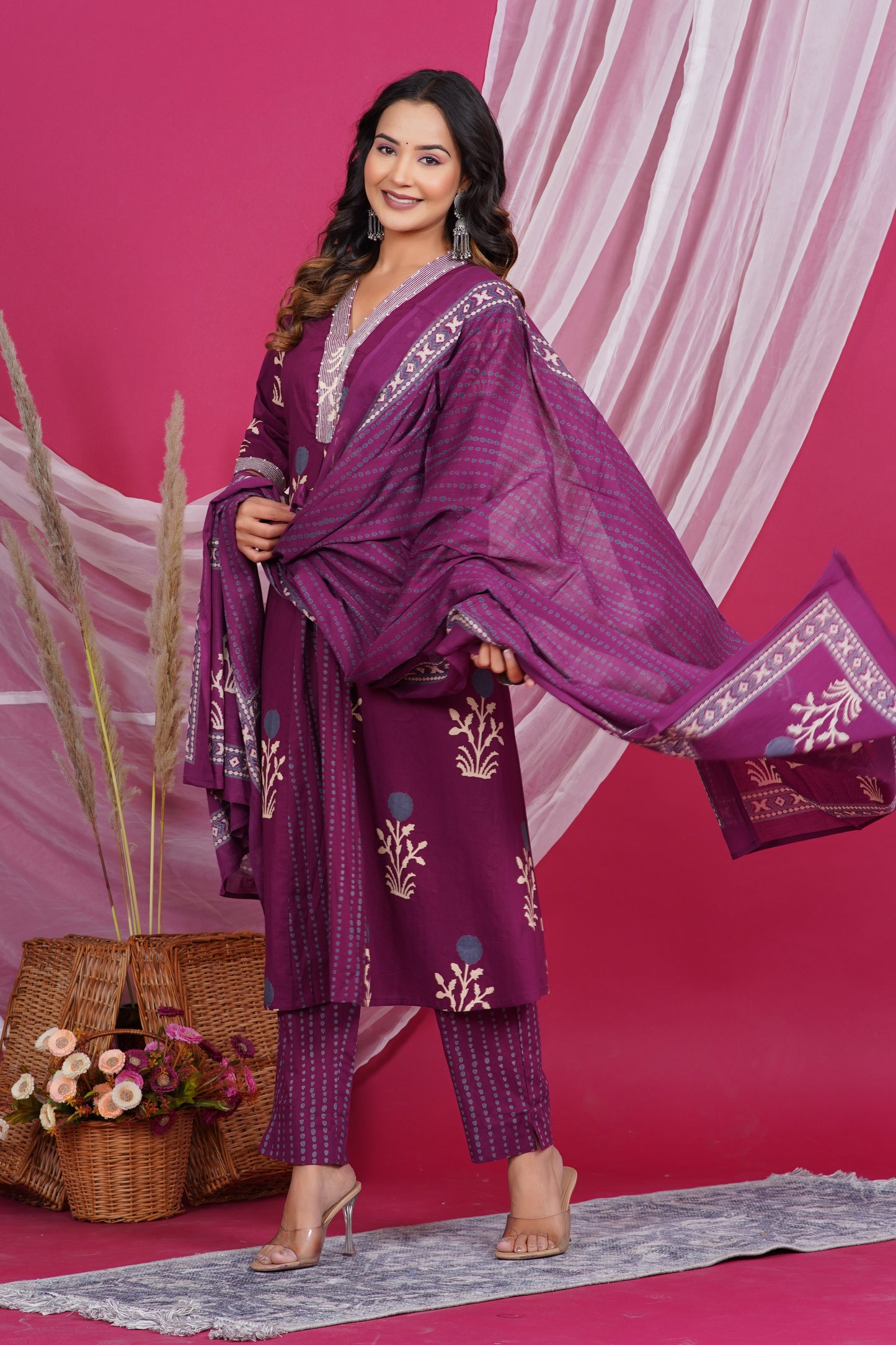 Maroon Floral Printed Kurta with Striped Neck Design