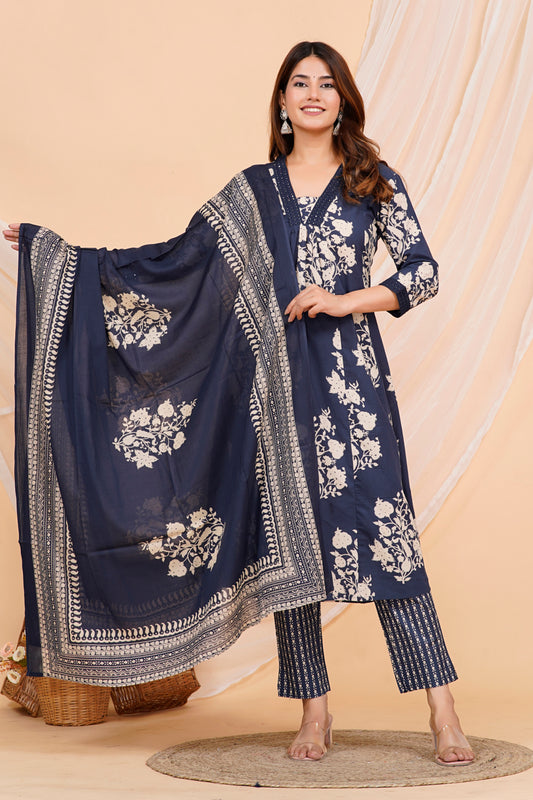 Dark Blue Cotton Kurta Set